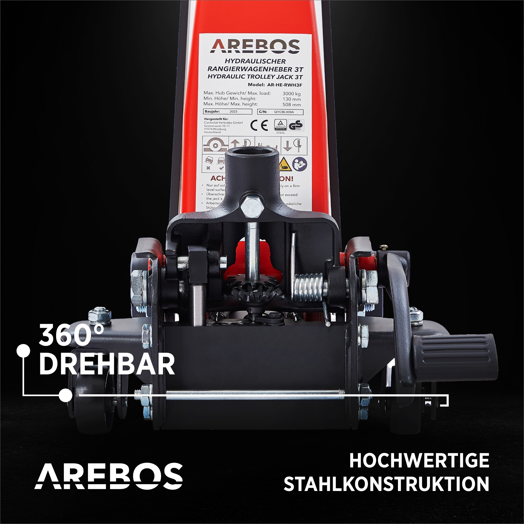 Ein roter und schwarzer hydraulischer Wagenheber mit der Aufschrift AREBOS.