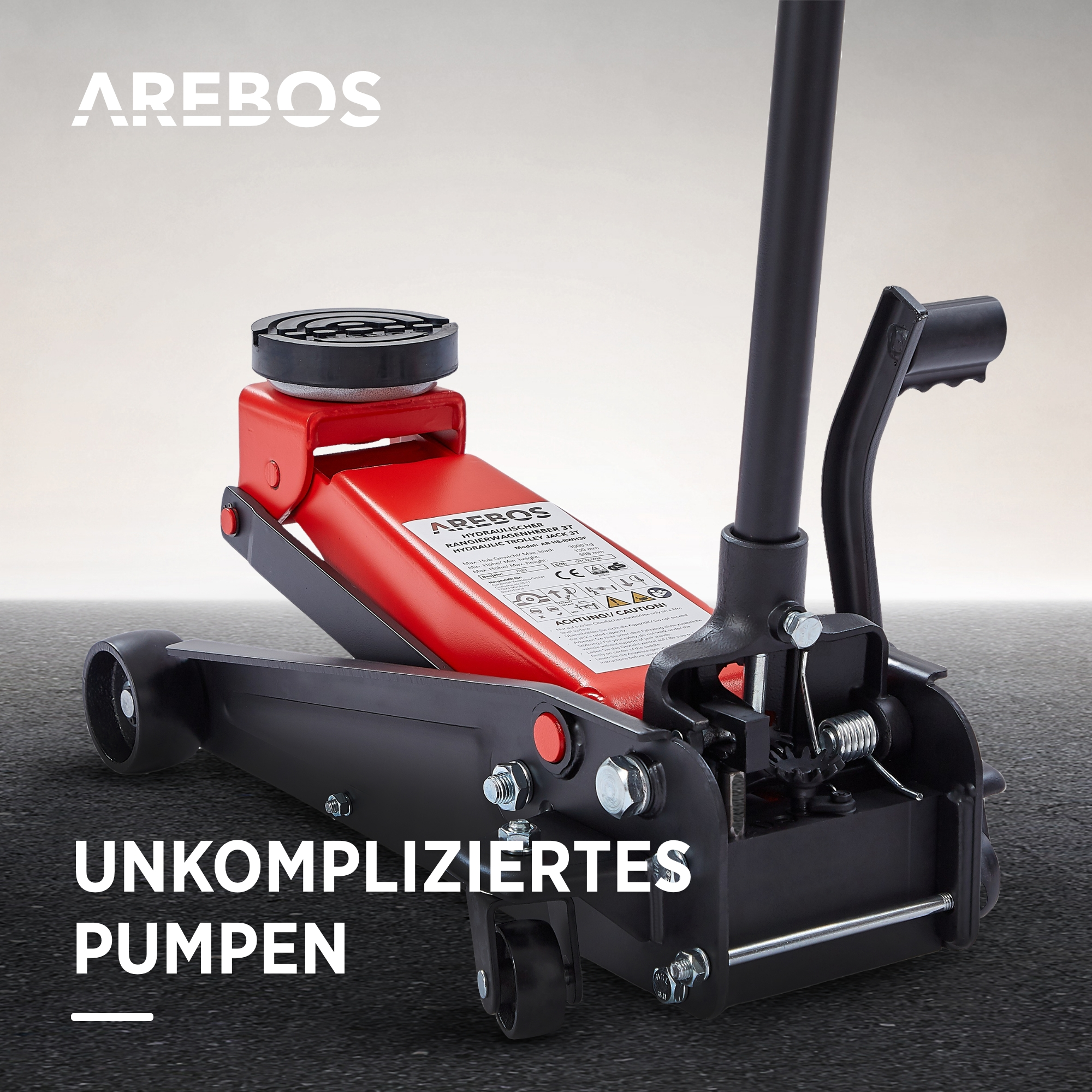 Ein roter und schwarzer Wagenheber mit dem AREBOS-Logo und Text.