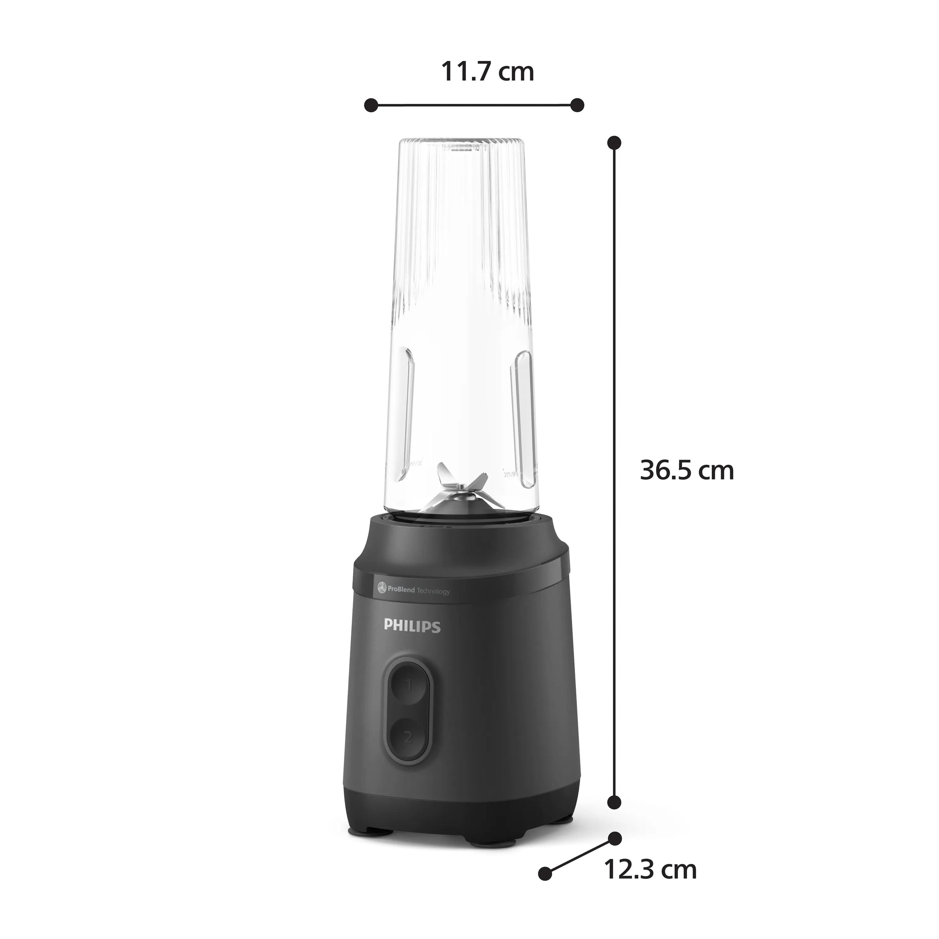Un frullatore Philips nero con contenitore trasparente e dimensioni.