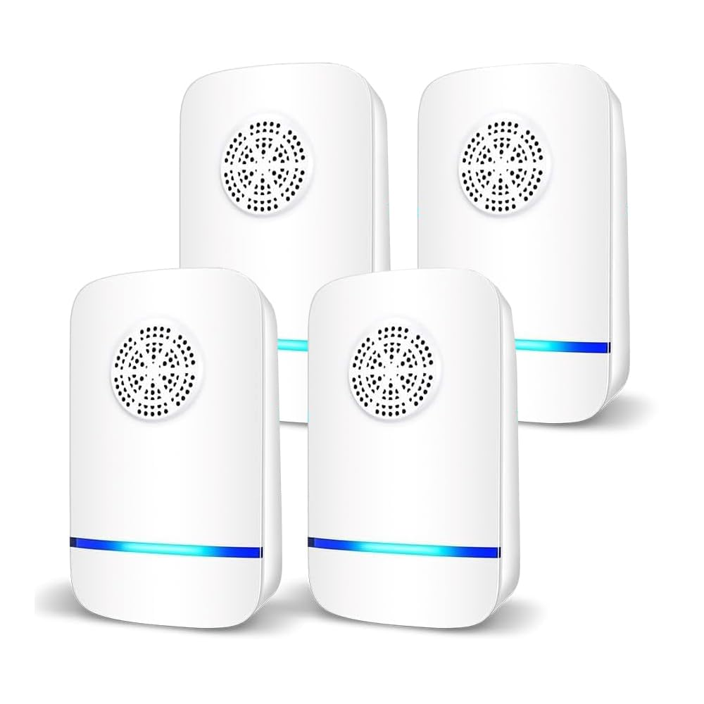 Vier weiße Ultraschall-Schädlingsbekämpfer mit blauen LED-Leuchten sind in einer Gruppe angeordnet.