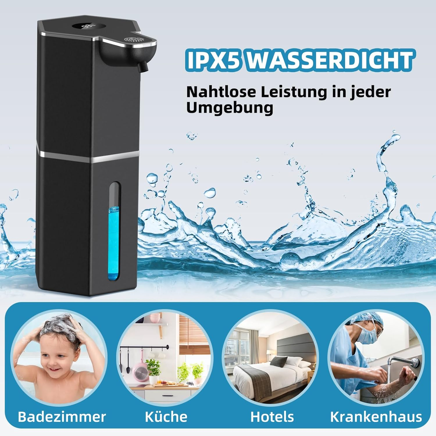 Schwarzer Automatik-Seifenspender mit blauer Flüssigkeit. Zeigt Bad, Küche, Hotel, Krankenhaus.