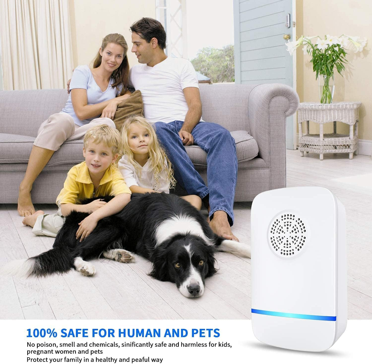 Familie, Hund und Schädlingsbekämpfer in einem Wohnzimmer.
