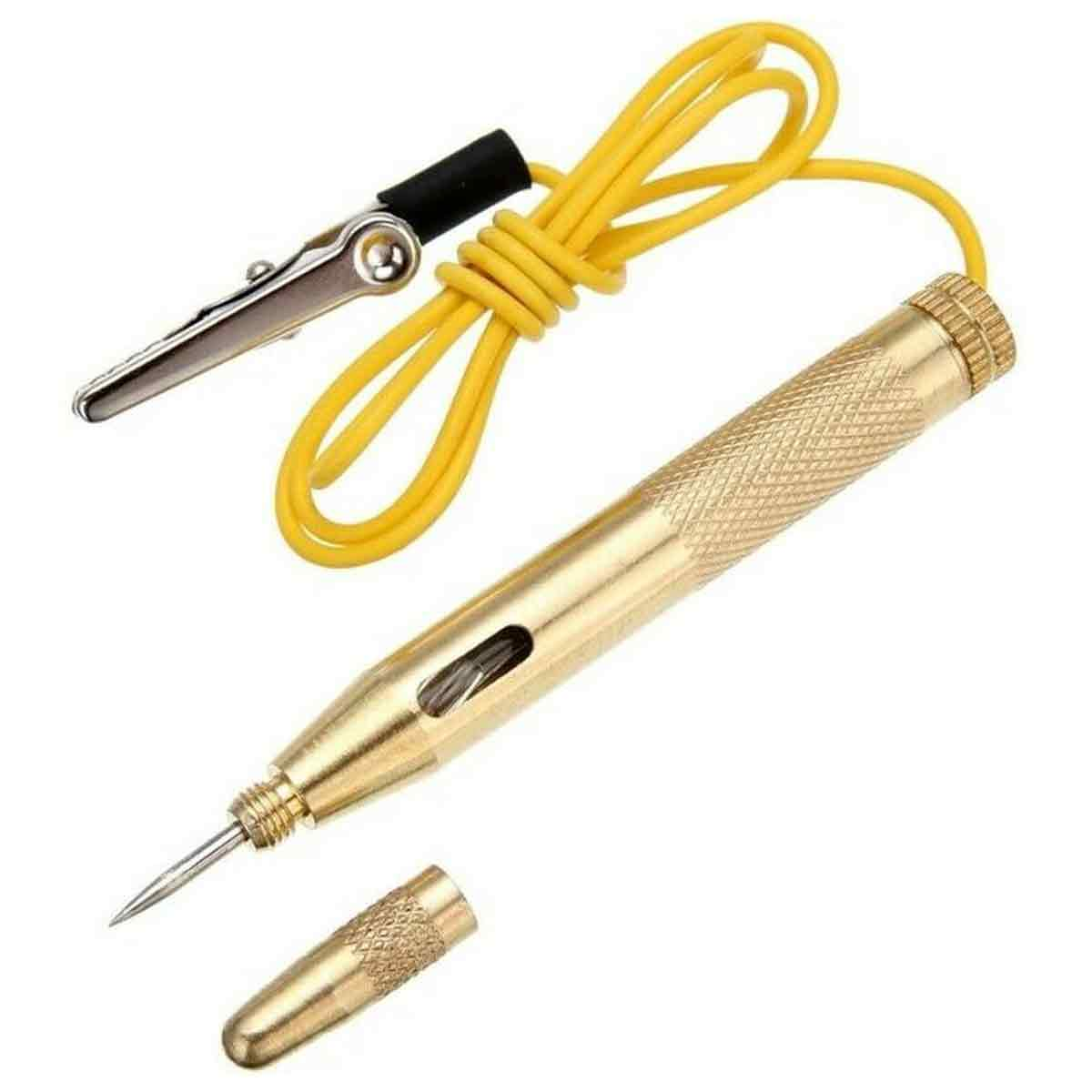 Ein goldener Spannungsprüfer mit gelbem Kabel und Krokodilklemme.