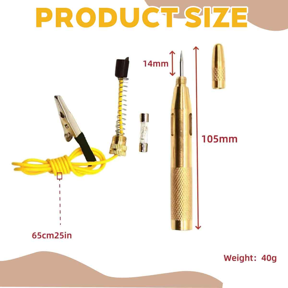 Ein goldener Prüfstift mit Krokodilklemme, Sicherung und Maßen.