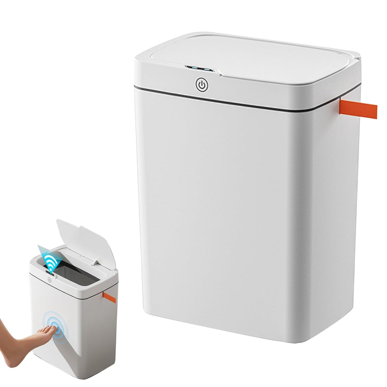 Ein weißer Mülleimer mit Sensor. Ein Fuß nähert sich ihm, die Klappe öffnet sich.