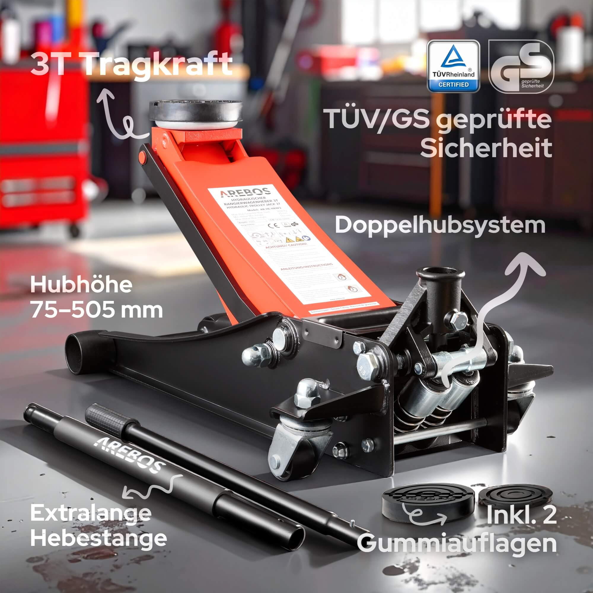 Ein orange-schwarzer Wagenheber mit 3T Tragkraft, Hubhöhe 75-505mm, Doppelhubsystem.