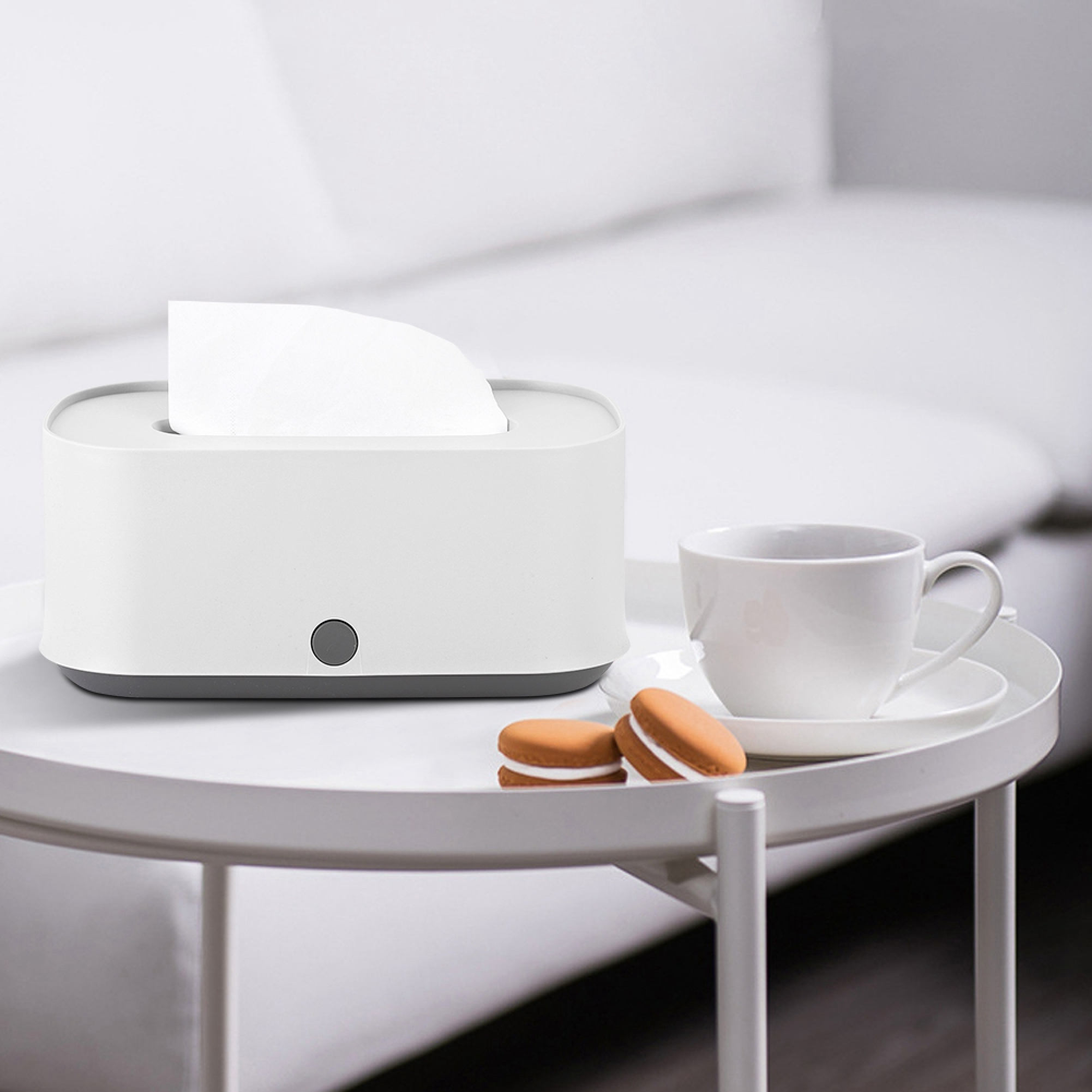 Weiße Taschentuchbox mit Keksen und Kaffeetasse auf einem Tisch.