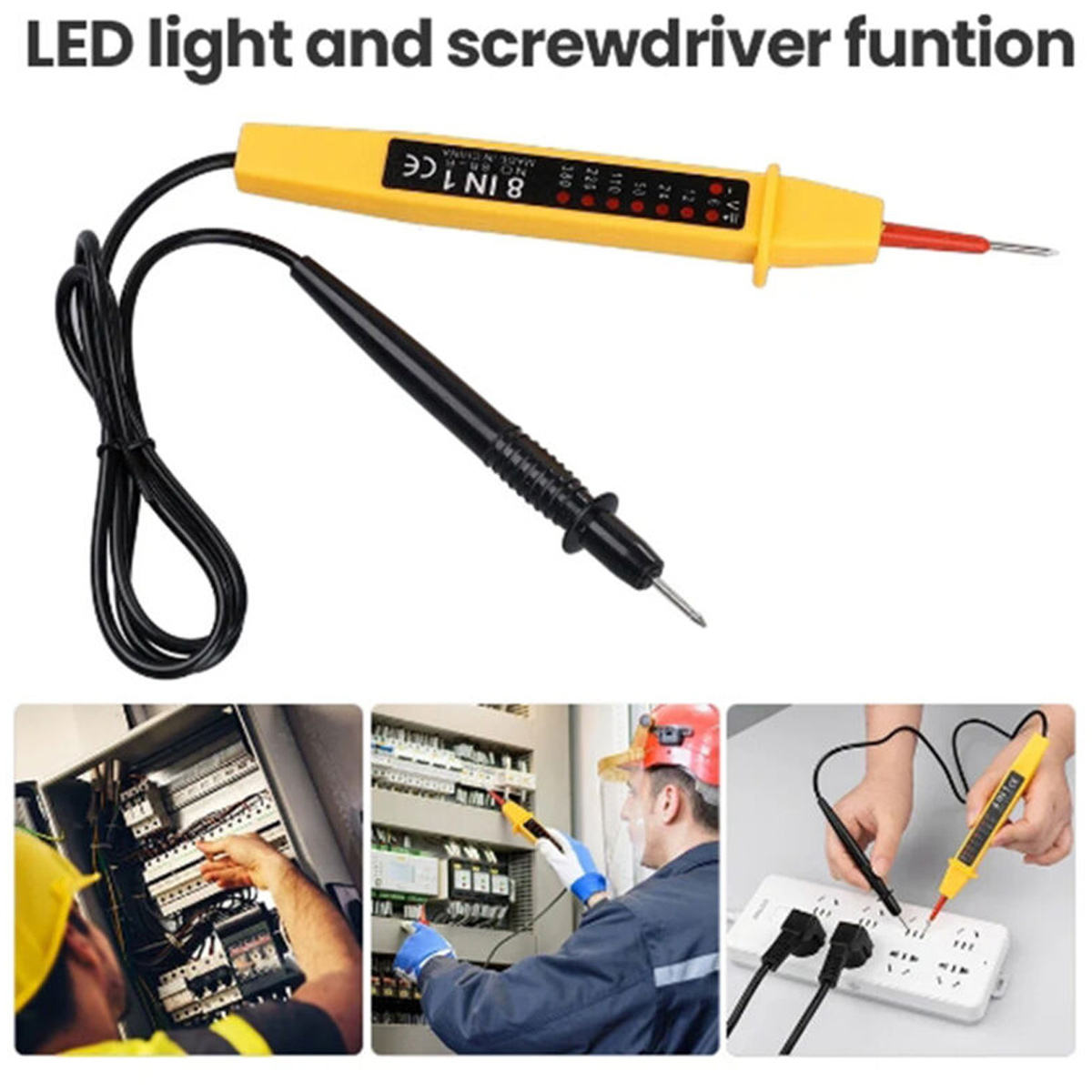Ein gelber Spannungsprüfer mit schwarzem Kabel und Spitzen.