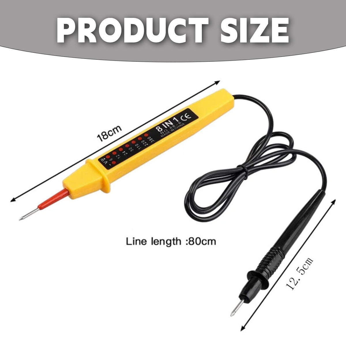 Gelber 8-in-1 Spannungsprüfer mit roter Spitze, 18cm lang. Schwarzer Taster, 12,5cm lang. 80cm Kabel.