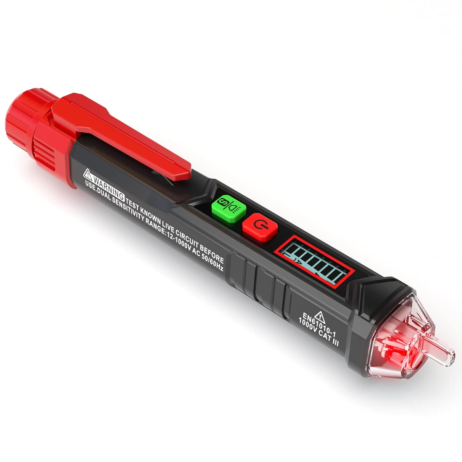 Ein schwarzer Spannungsprüfer mit rotem Clip, LCD-Display und roter LED-Spitze.