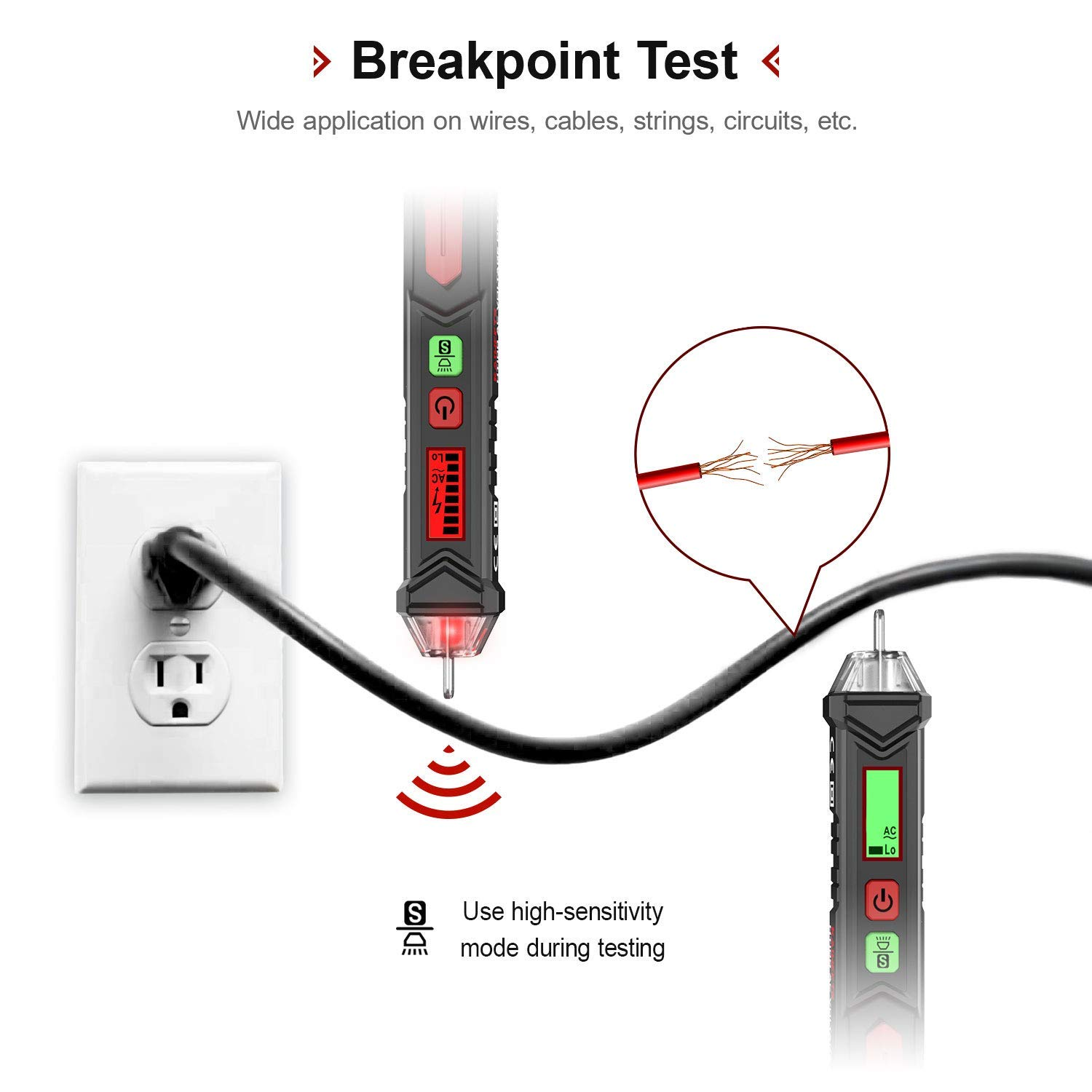 Ein Spannungsprüfer testet ein Kabel, das in eine Steckdose gesteckt ist.