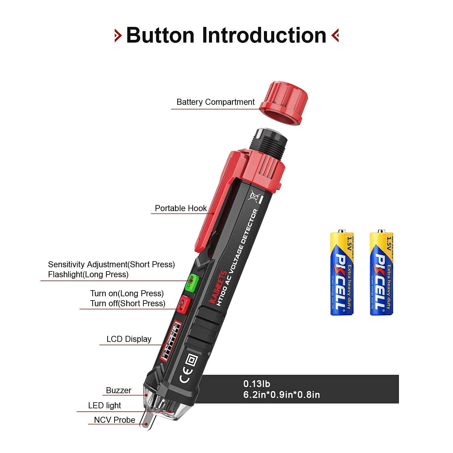 Ein rot-schwarzer Spannungsprüfer mit Beschriftungen, zwei Batterien und Maßen.