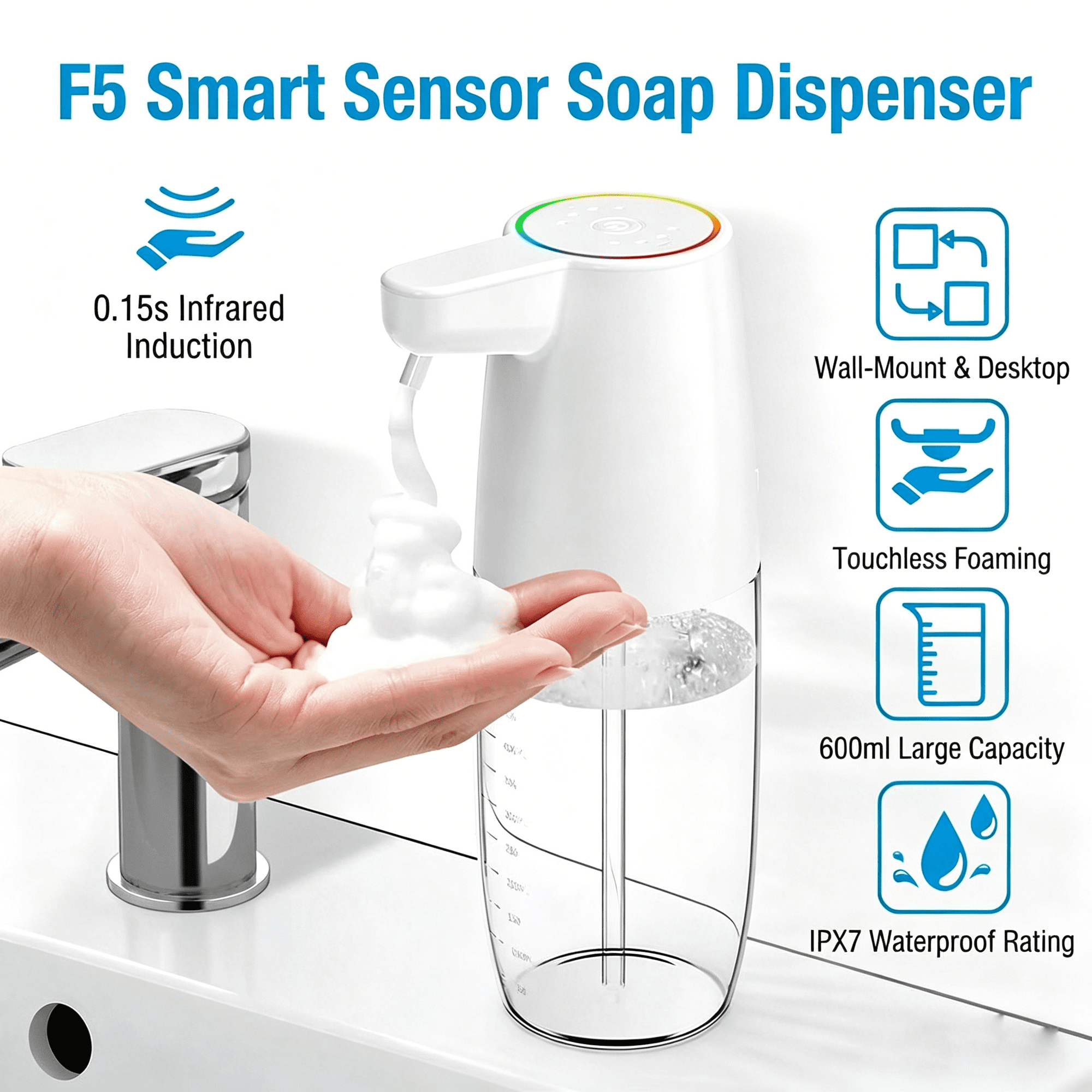 Ein weißer Schaumseifenspender mit Sensor, der Schaum in eine Hand gibt.