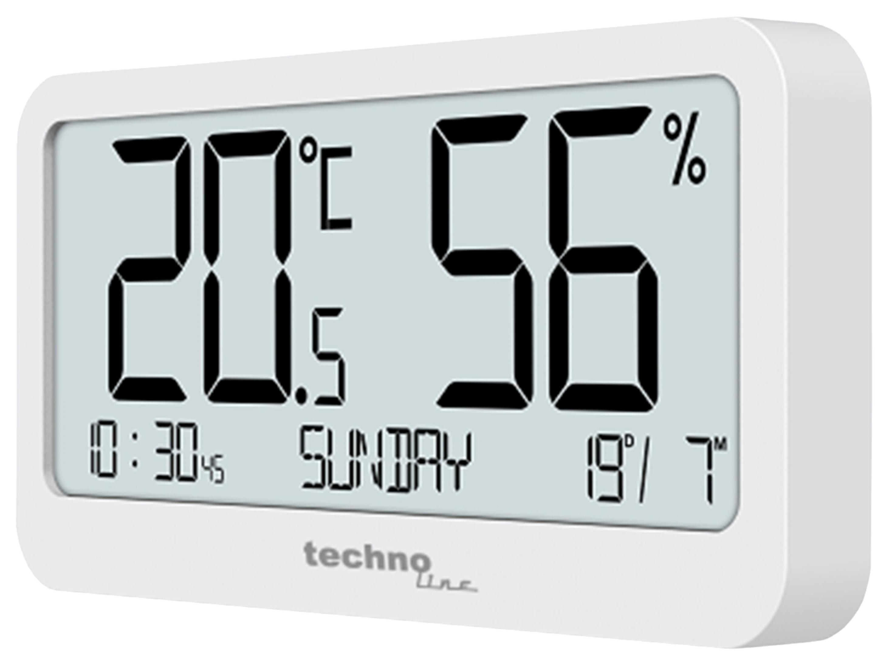 Digitaluhr zeigt 20°C, 56% Luftfeuchtigkeit, 10:30, Sonntag, 19°/7°