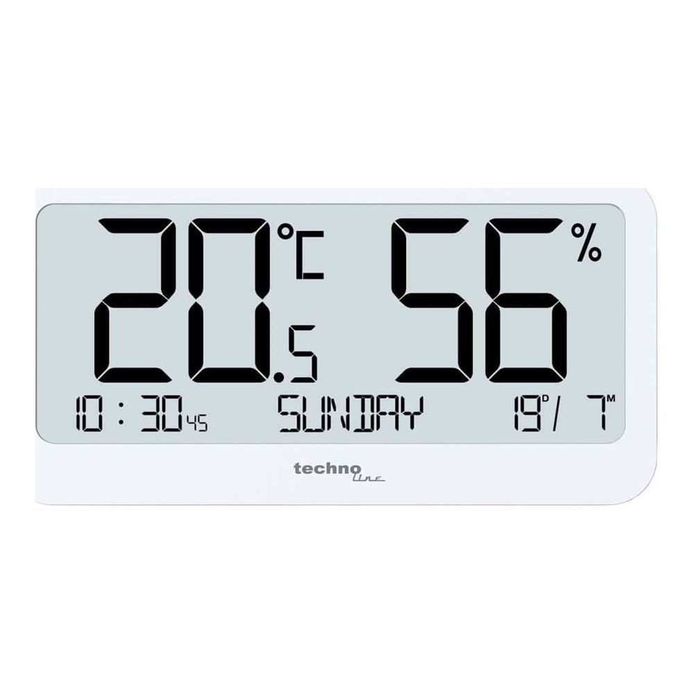 Digitales Thermometer zeigt 20.5°C, 56% Luftfeuchtigkeit, 10:30, Sonntag, 19°/7°.