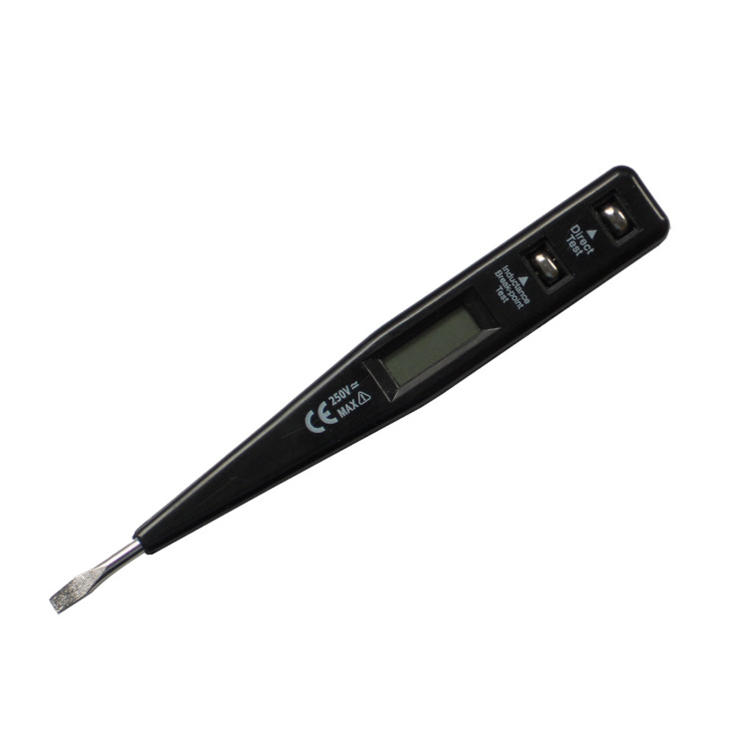 Schwarzer Spannungsprüfer mit LCD-Display und Schlitzschraubendreher-Spitze.
