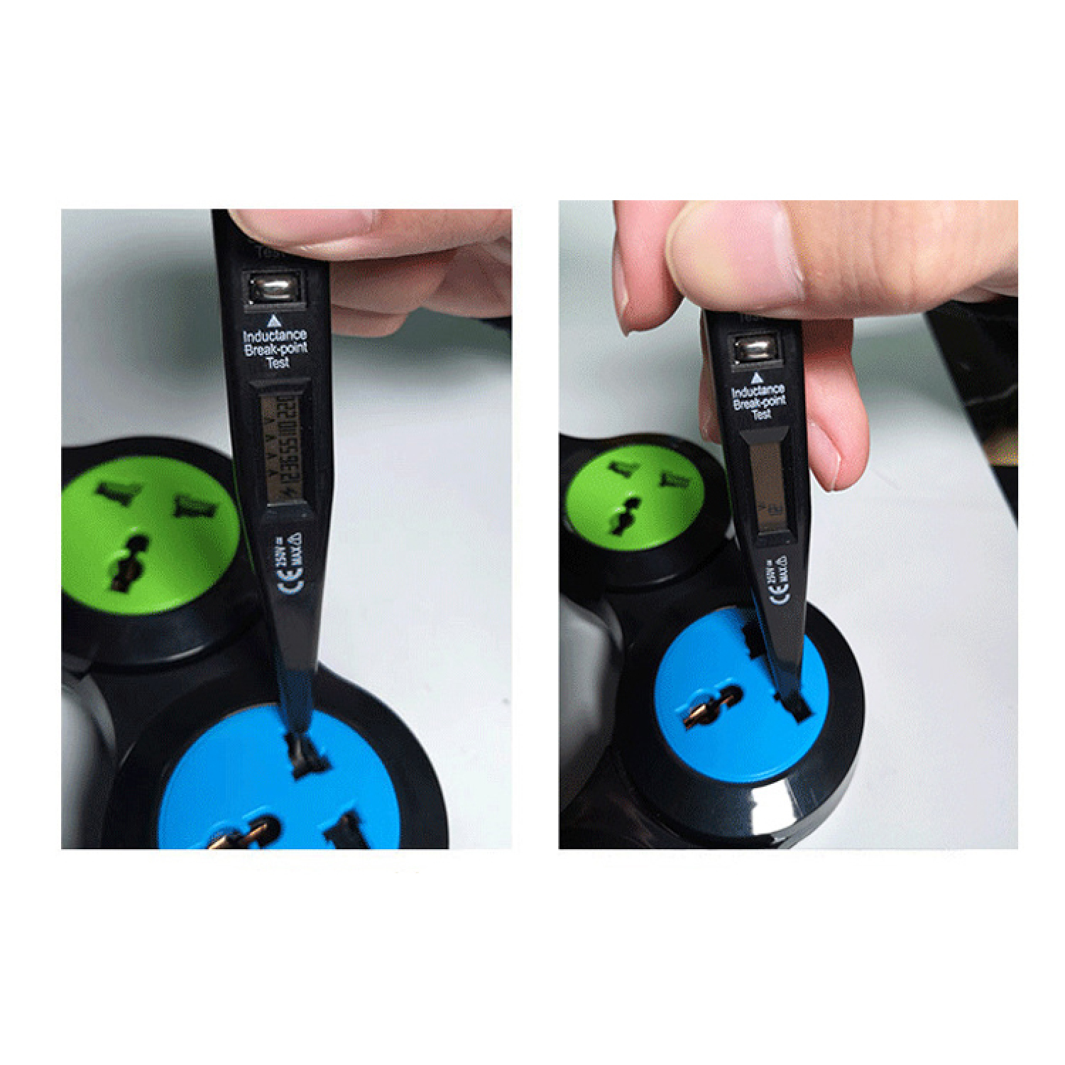 Ein schwarzer Induktions-Prüfstift wird in eine blaue Steckdose gesteckt.