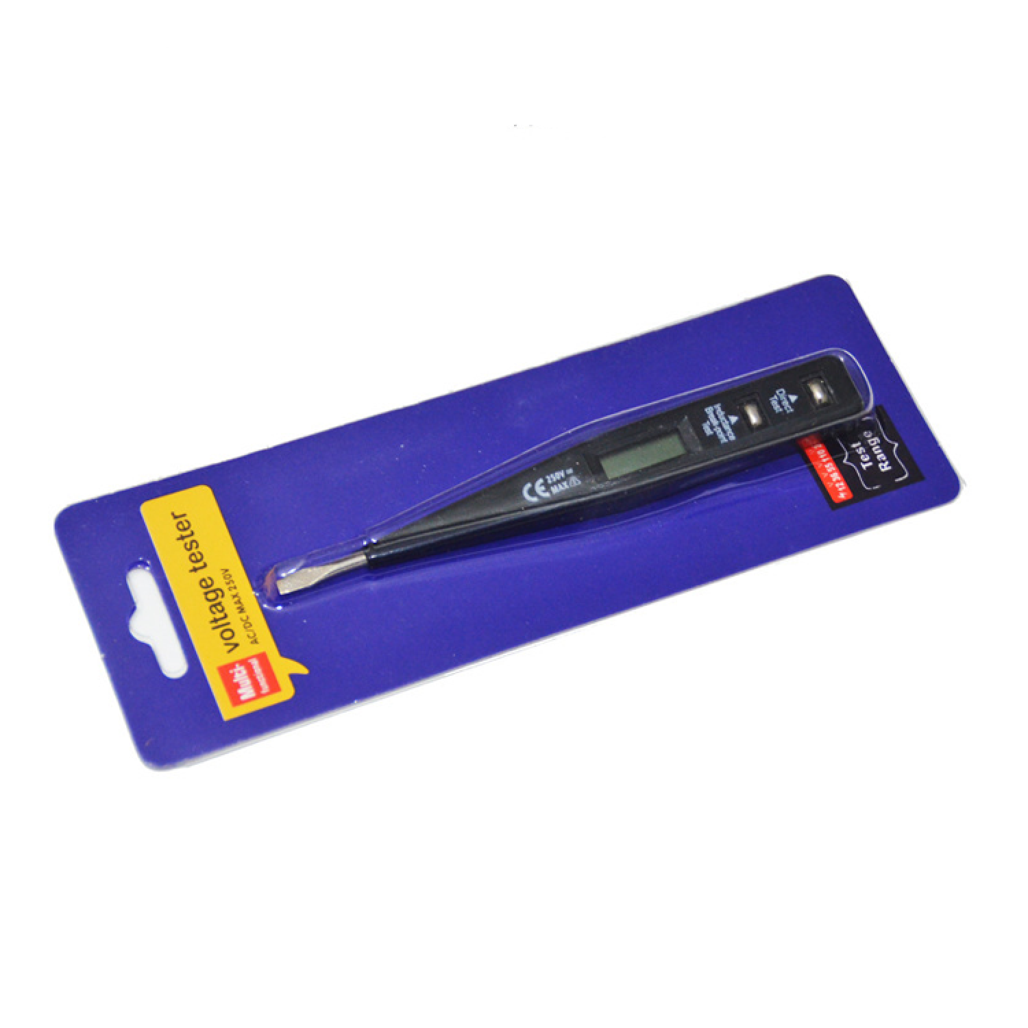 Ein schwarzer Spannungsprüfer mit Digitalanzeige ist in einer blauen Blisterverpackung verpackt.