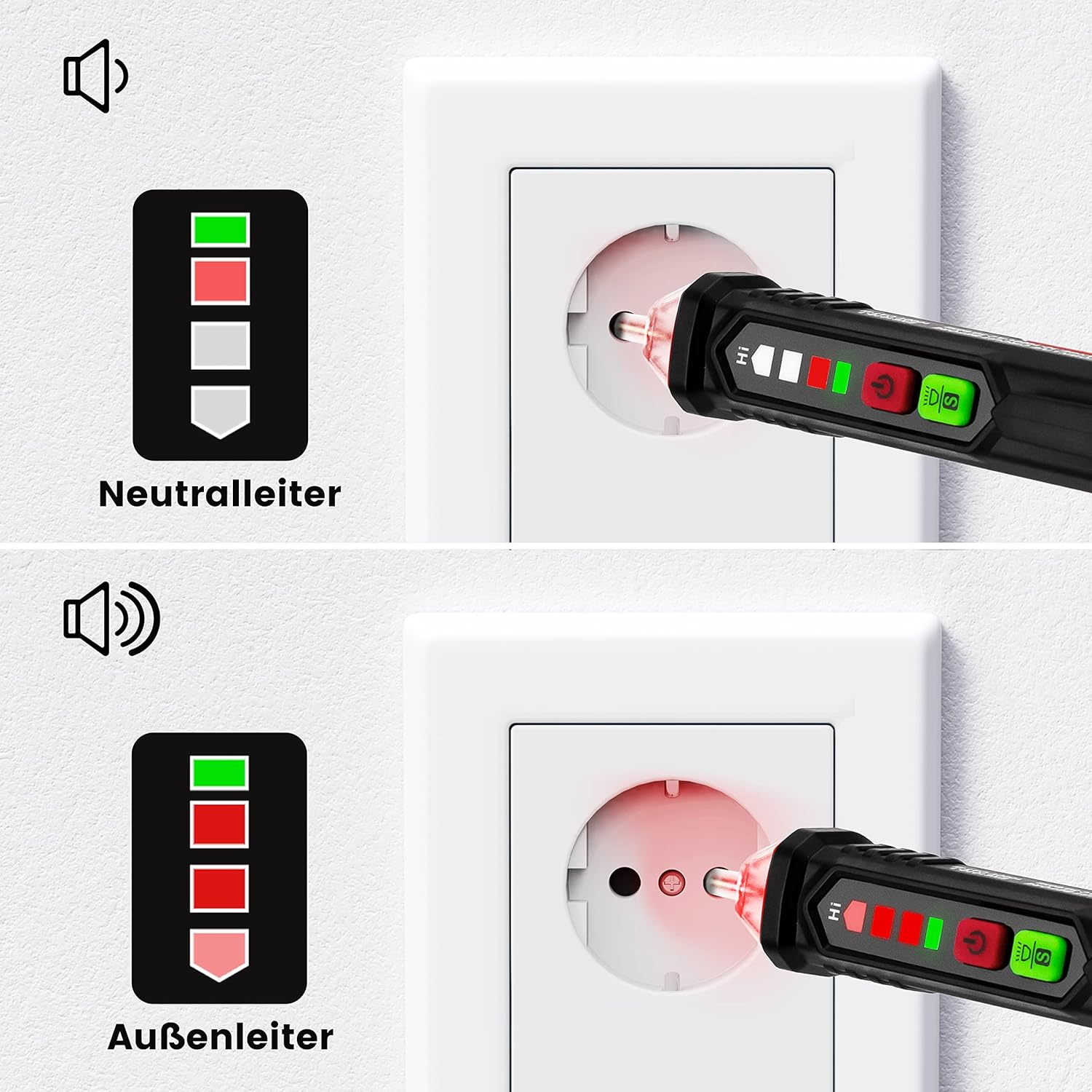 Spannungsprüfer zeigt Grün für Neutralleiter, Rot für Außenleiter an.