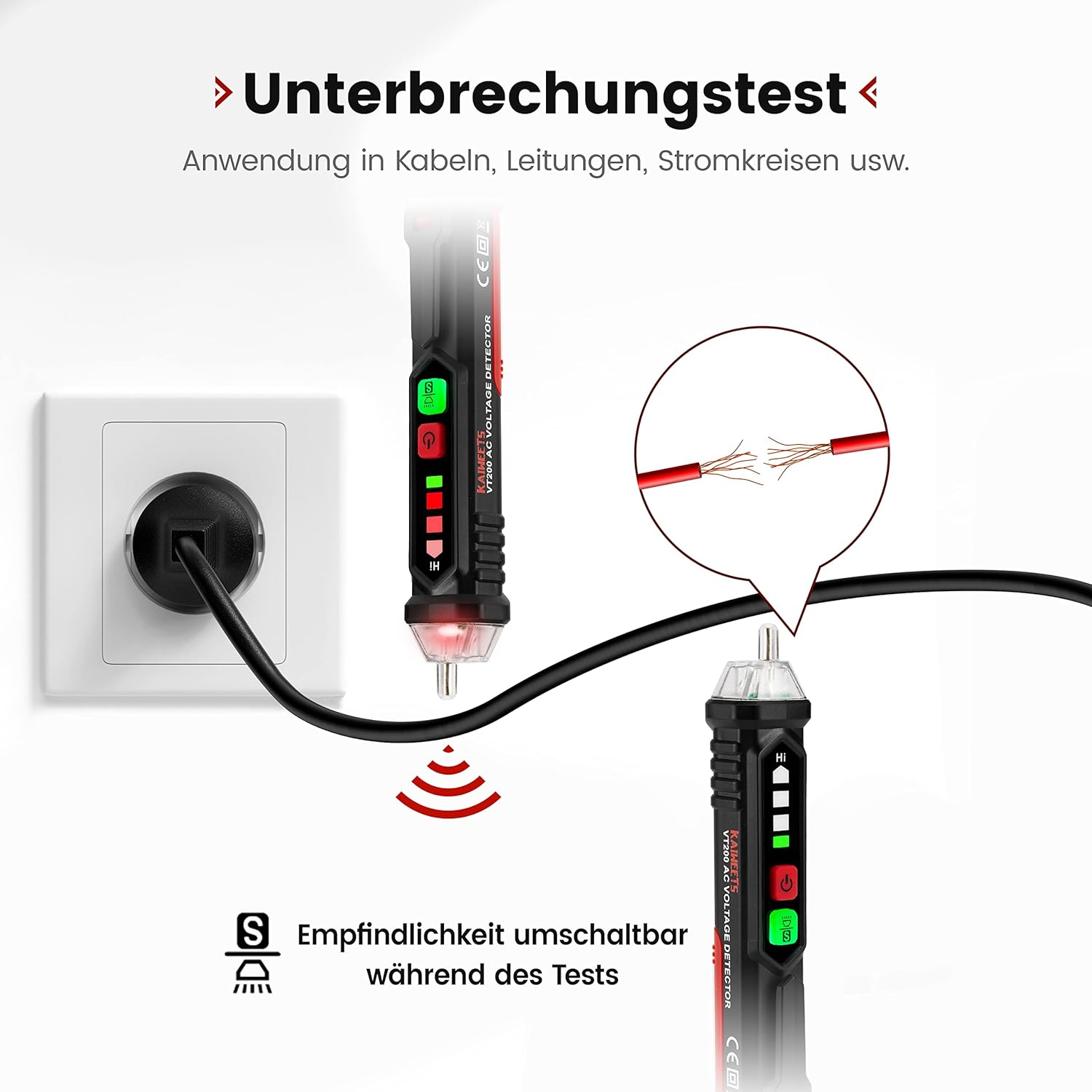 Ein Spannungsdetektor testet ein Kabel, das in eine Steckdose gesteckt ist.