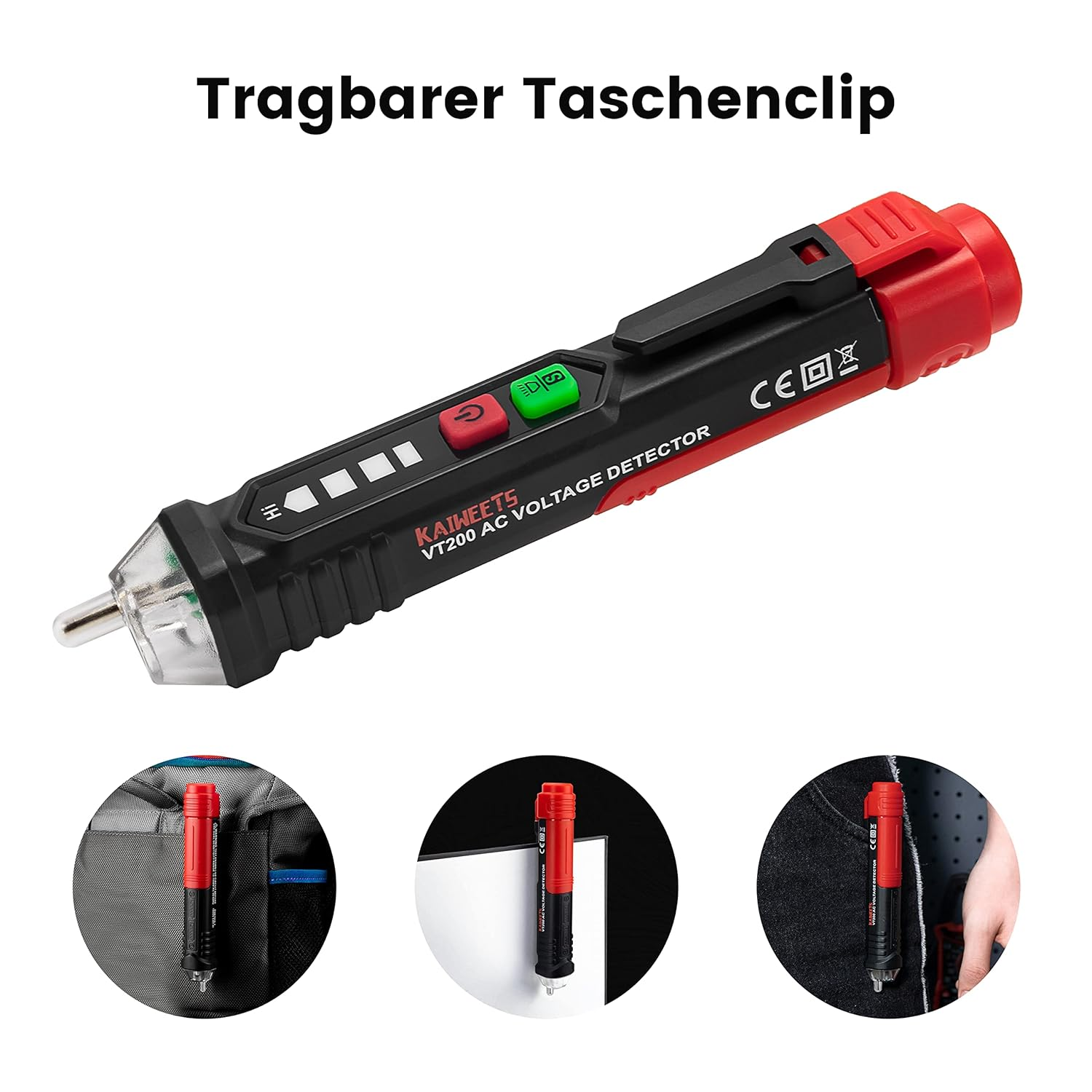 Ein tragbarer Spannungsprüfer mit rotem und schwarzem Gehäuse.
