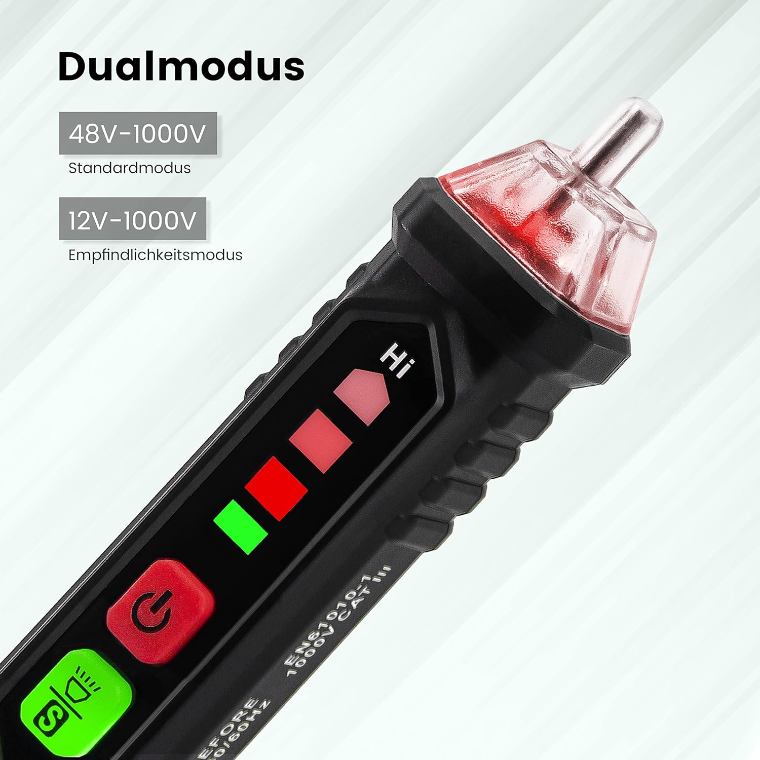 Ein schwarzer Dualmodus-Spannungsprüfer mit roten und grünen Lichtern und Beschriftungen.