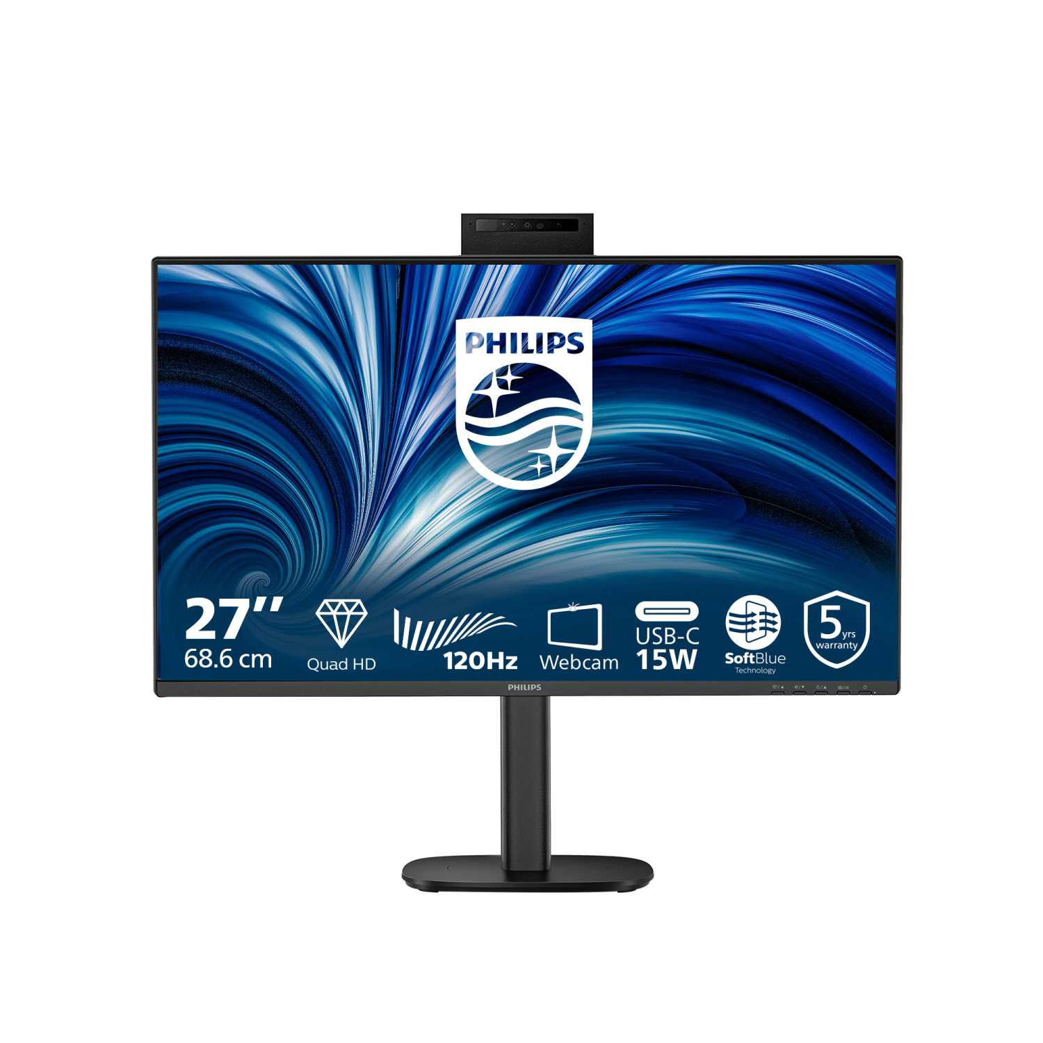 Un monitor da 27 pollici con webcam, Quad HD, 120Hz e connessione USB-C.