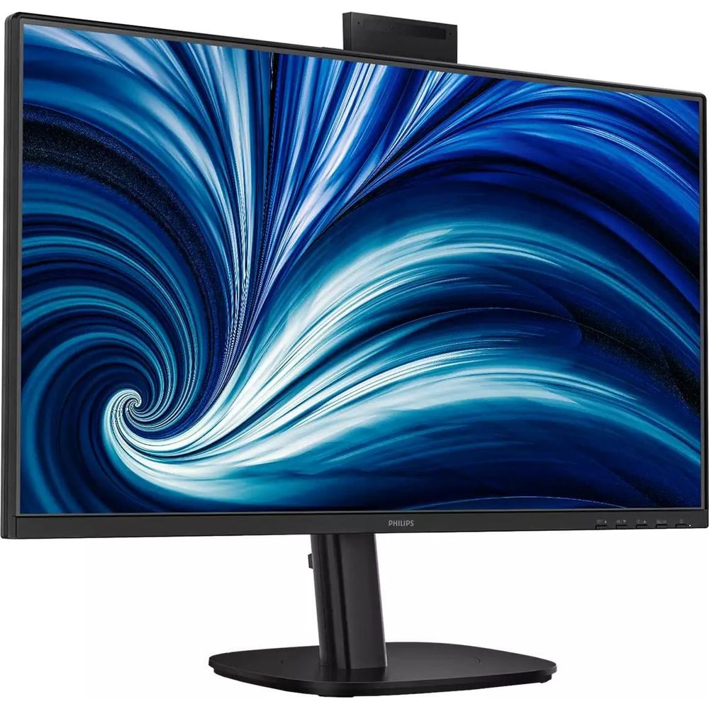 Un monitor nero con un motivo blu vorticoso sullo schermo.