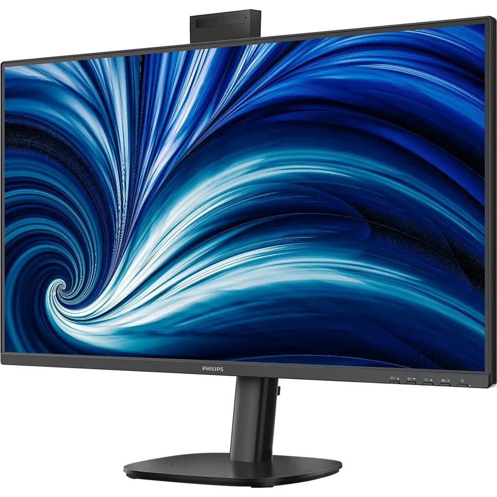 Un monitor Philips nero con sfondo astratto blu e webcam integrata.