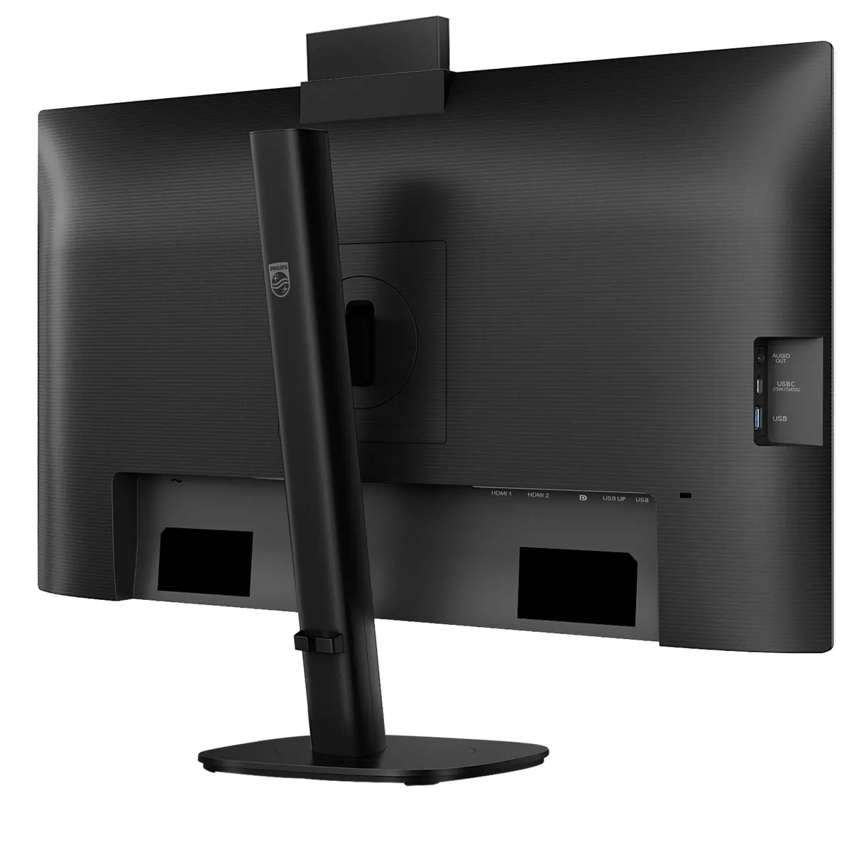 Vista posteriore di un monitor nero con supporto e porte.