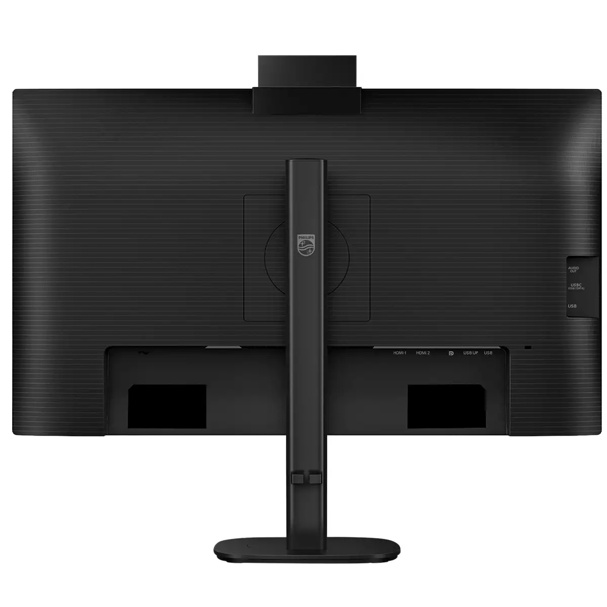 Retro di un monitor nero con supporto. Porte visibili: HDMI, USB-C, USB.