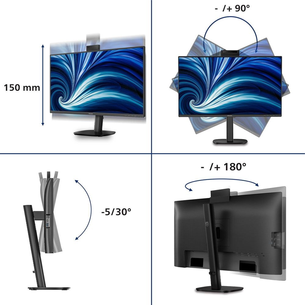 Un monitor mostrato in quattro viste che ne dimostrano la regolabilità.