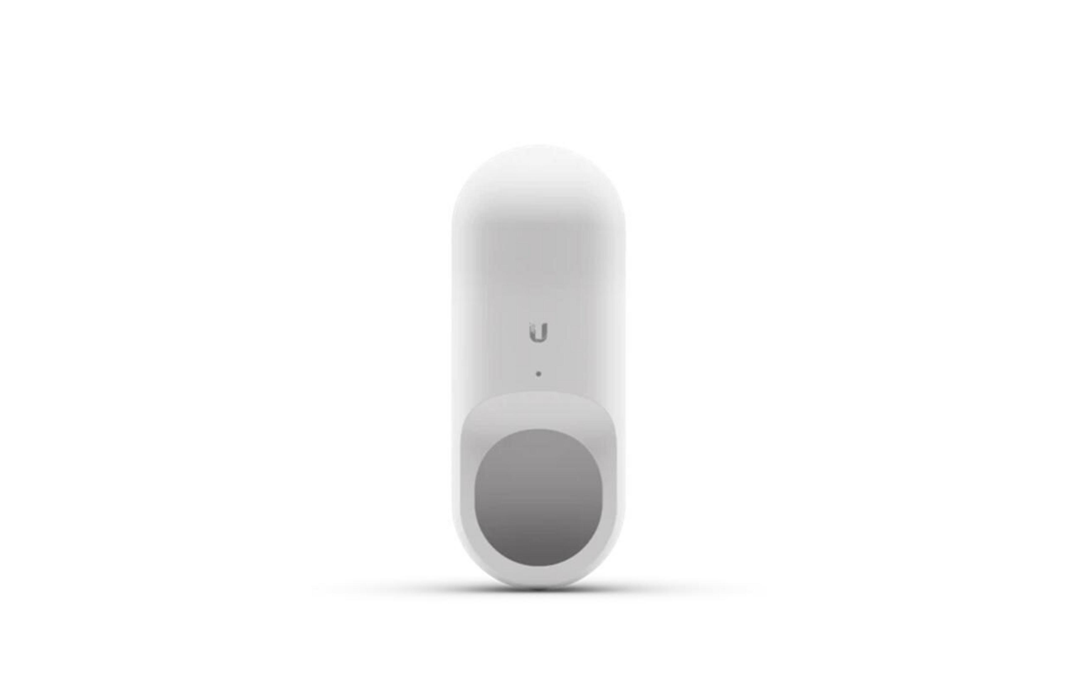 Un dispositivo bianco a forma di pillola con un cerchio grigio e il logo 'U'.