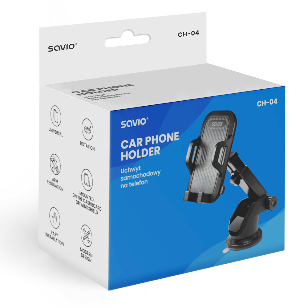 Opakowanie uchwytu samochodowego Savio CH-04, prezentuje produkt i jego cechy, np. obrót.