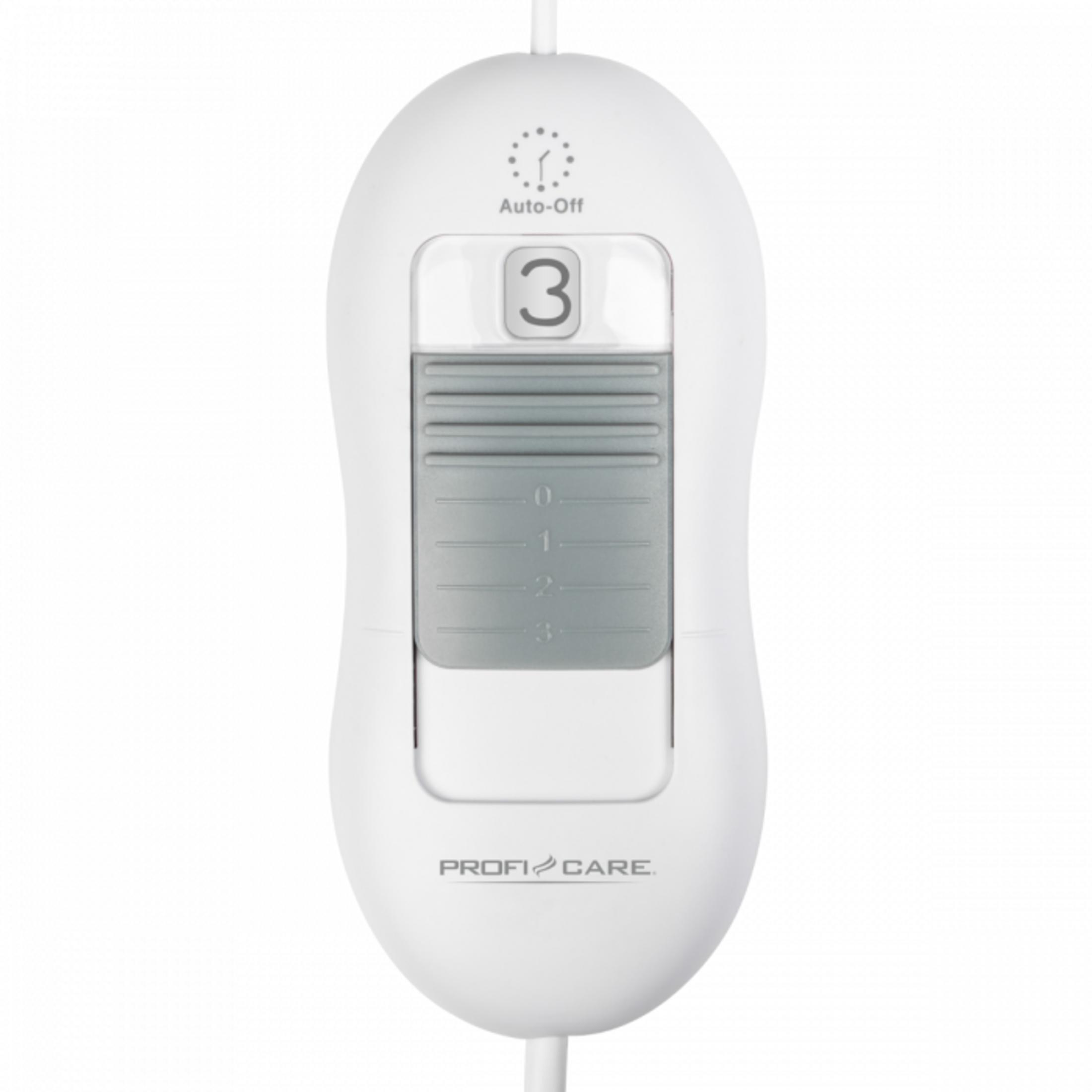 Un control de manta eléctrica blanco con niveles 0-3 y función Auto-Off.