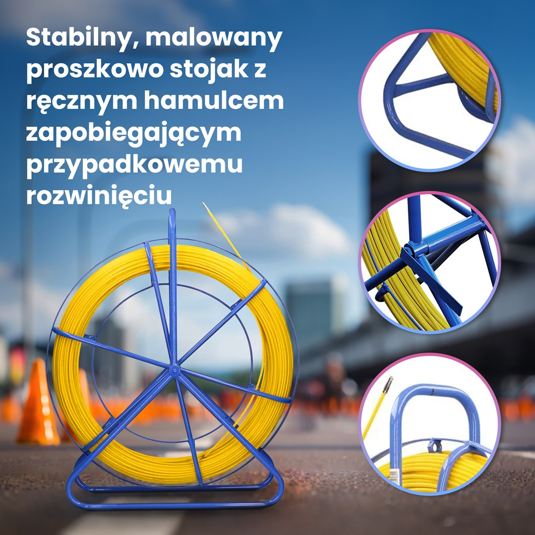Żółty kabel na niebieskim stojaku z hamulcem ręcznym na zewnątrz.