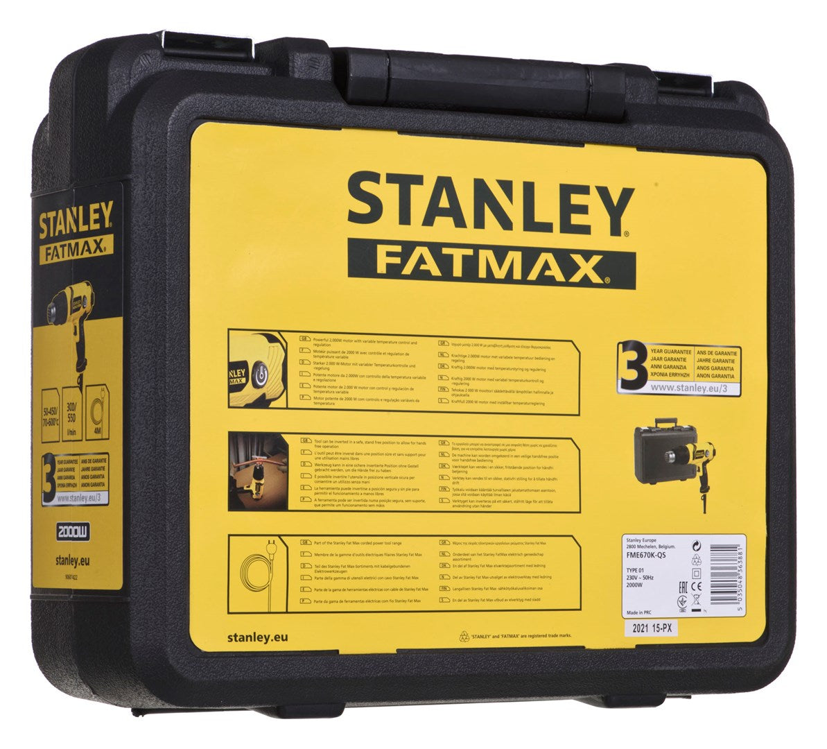 Custodia nera Stanley Fatmax con etichette gialle, che mostra attrezzi e specifiche.
