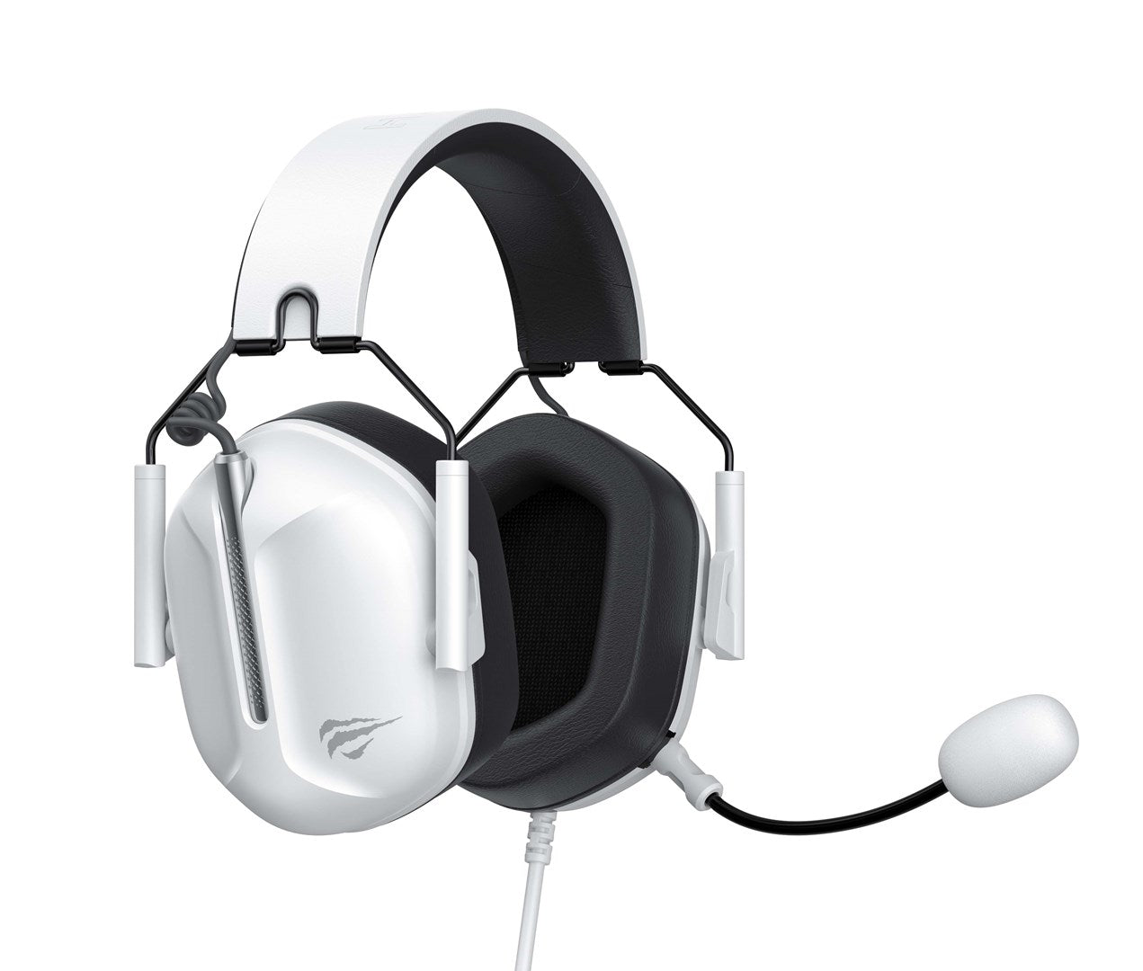 A white gaming headset with black earcups and a microphone.