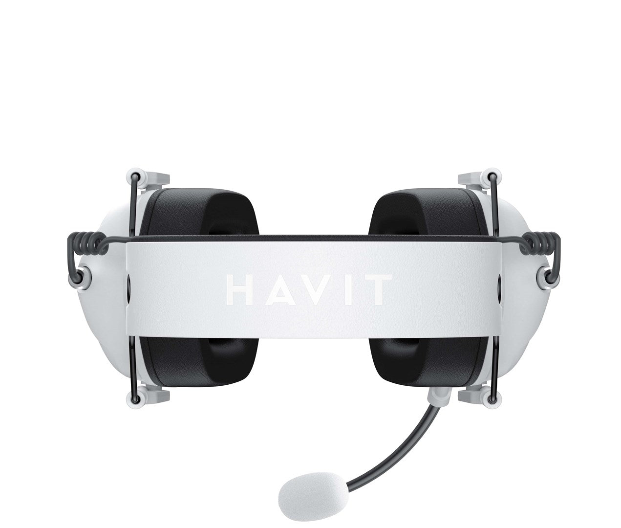 A white headset with a black headband and microphone. The word 'HAVIT' is on the headband.