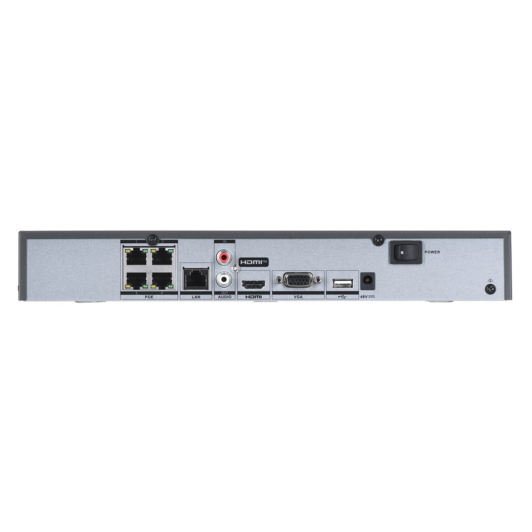 Rückseite eines Netzwerk-Videorecorders mit Anschlüssen wie POE, LAN, Audio, HDMI, VGA, USB und Strom.