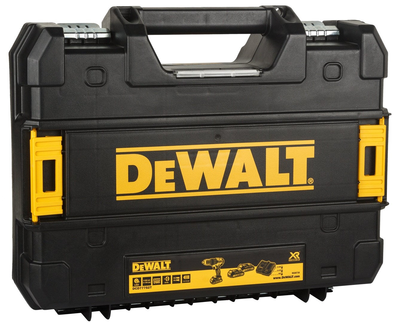 Valigetta nera DeWalt con chiusure gialle e logo DeWalt. Mostra un trapano e batterie.