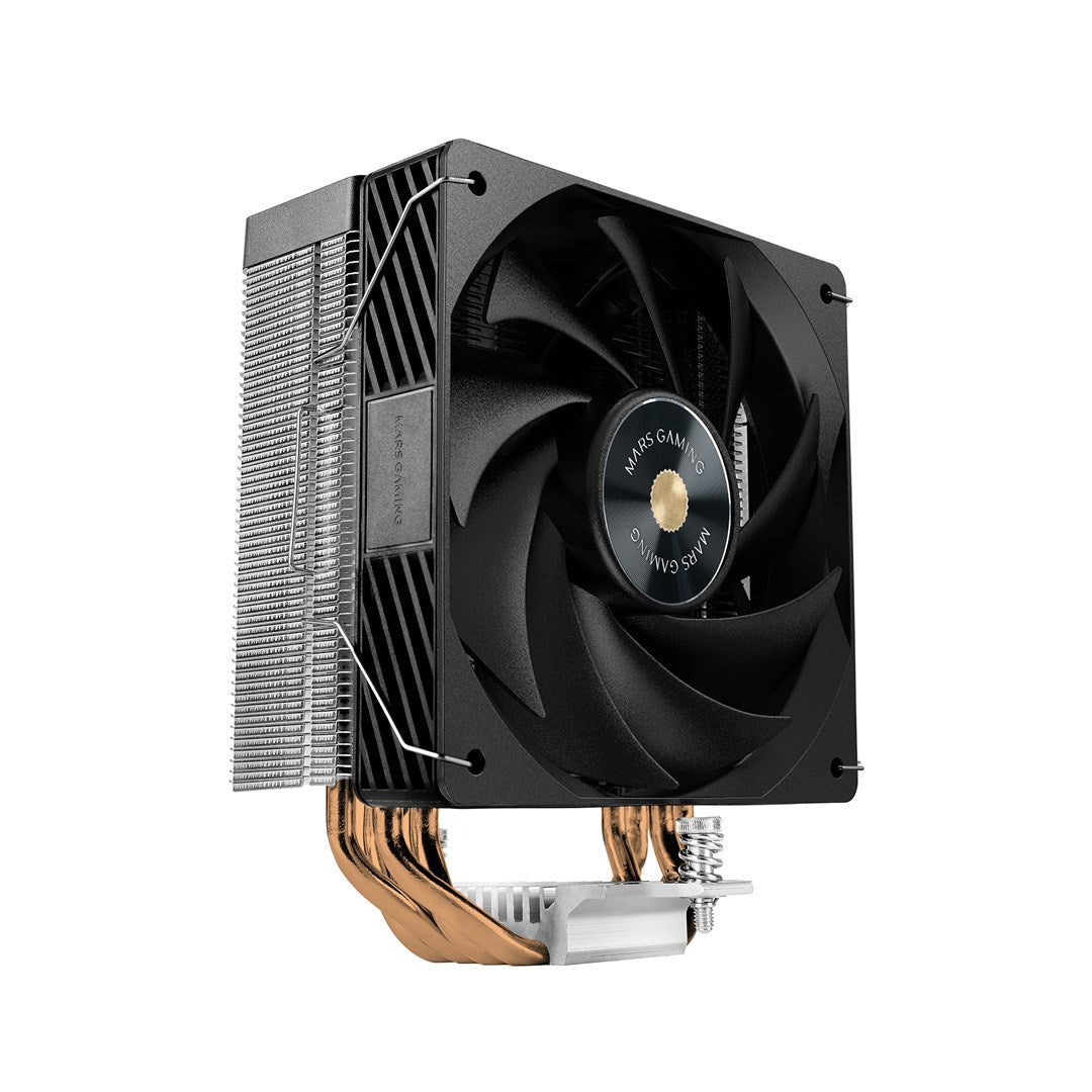 Un enfriador de CPU negro con tubos de calor de cobre y un ventilador con