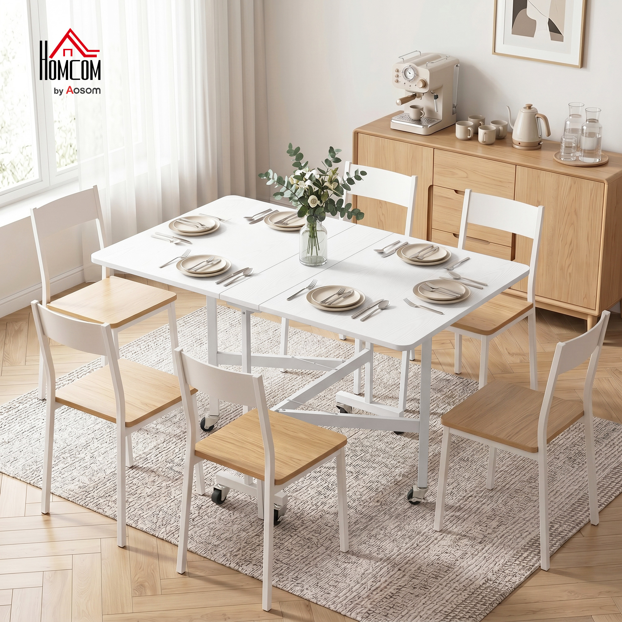 Una mesa de comedor blanca con seis sillas se asienta sobre una alfombra frente a un armario de madera.