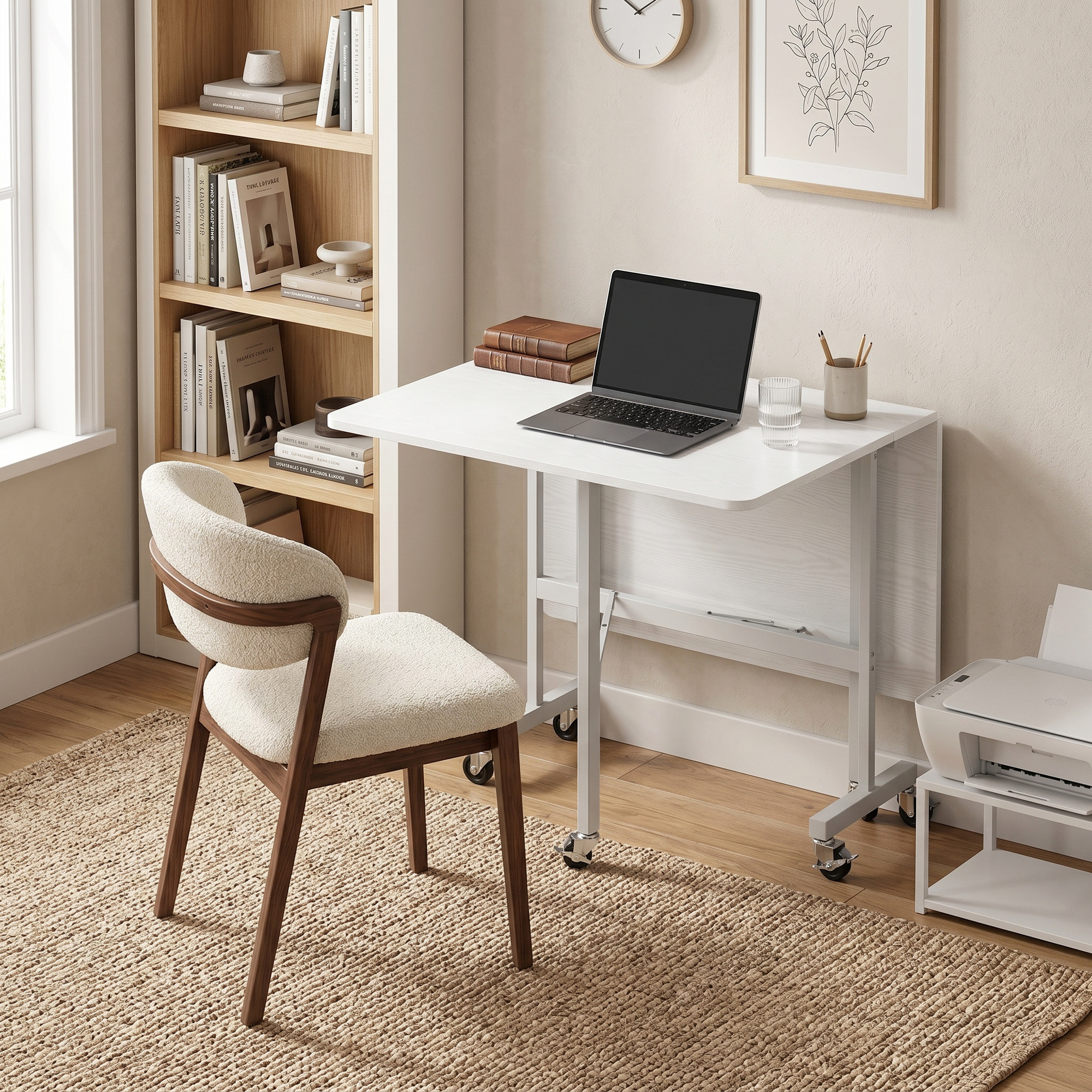 Un escritorio con portátil, silla, estantería y impresora.