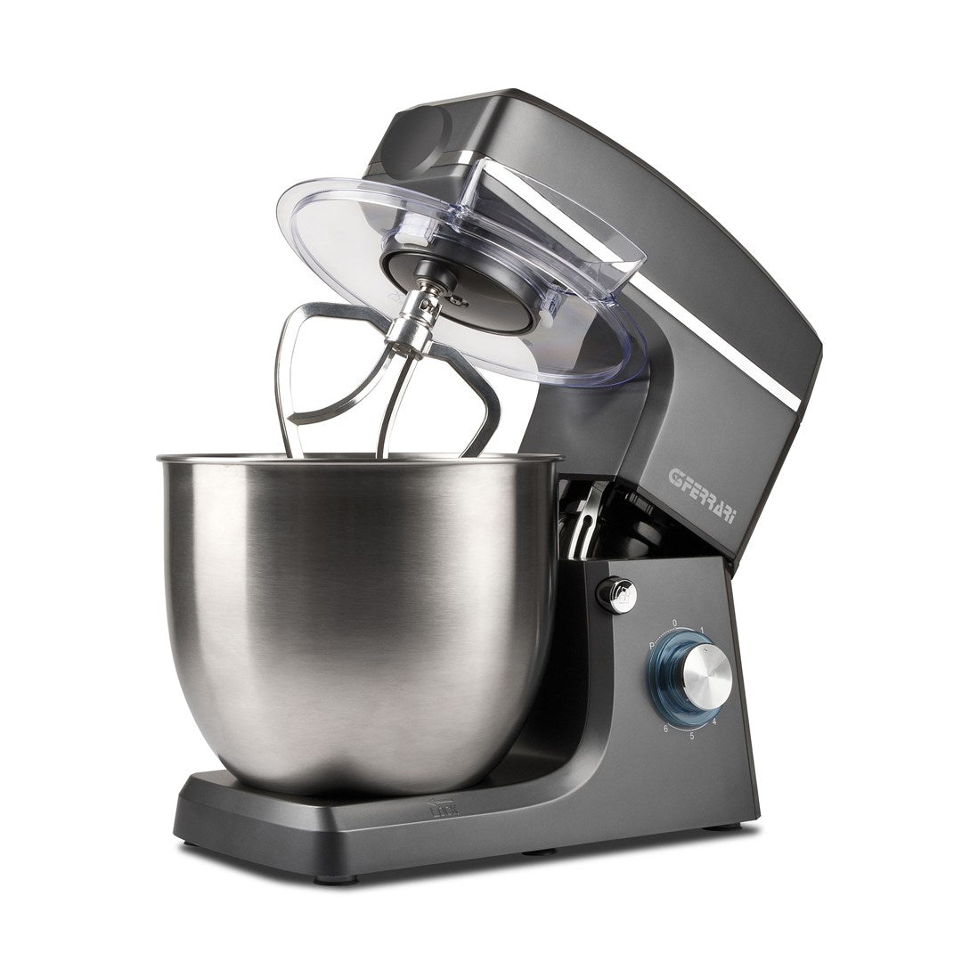 Impastatrice grigia con ciotola in acciaio inox e frusta.