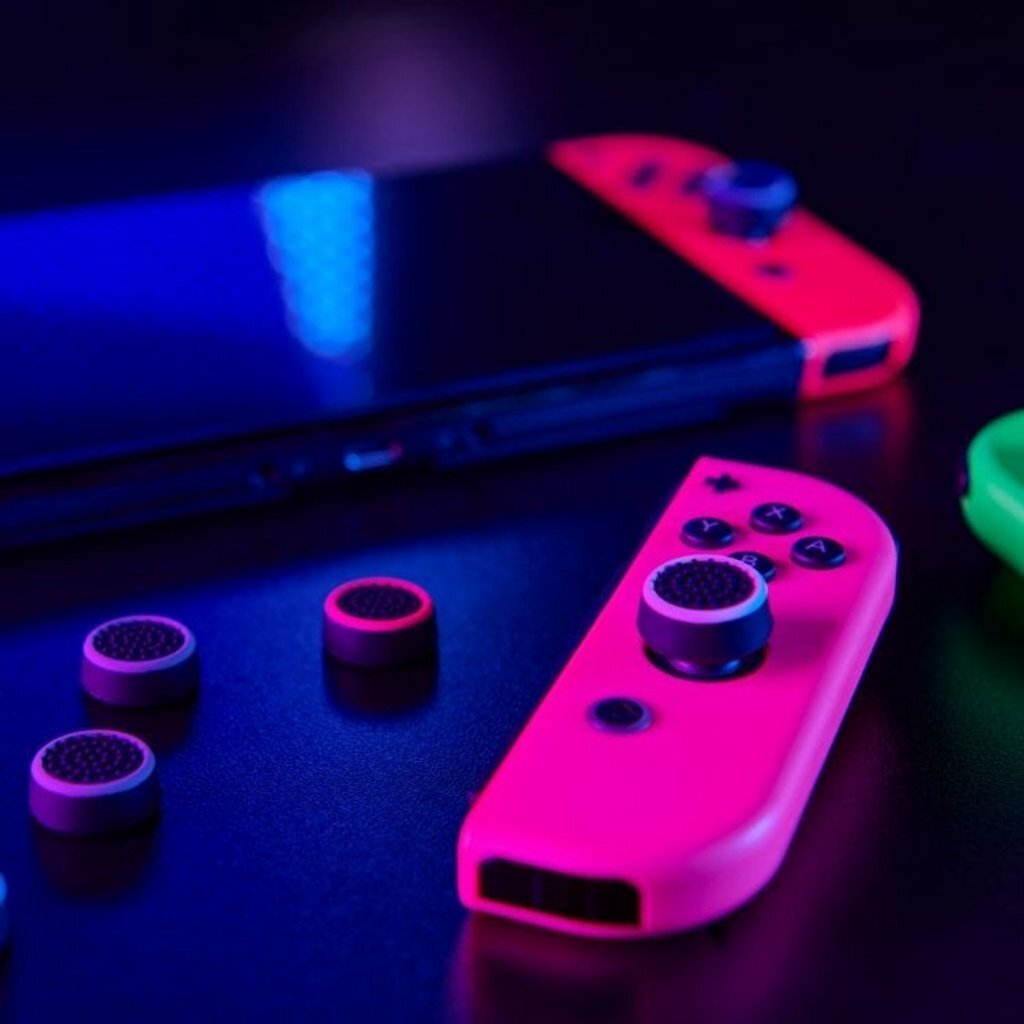 Ein pinker Controller liegt neben einem Nintendo Switch mit roten Joy-Cons.