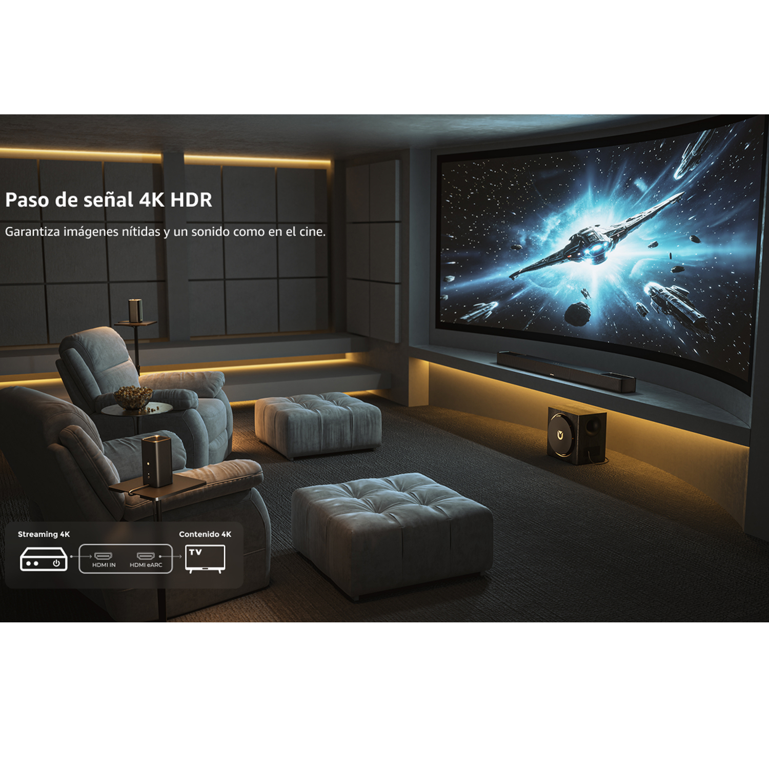 Cine en casa con 4K HDR: Sillones cómodos, pantalla curva grande con nave espacial.