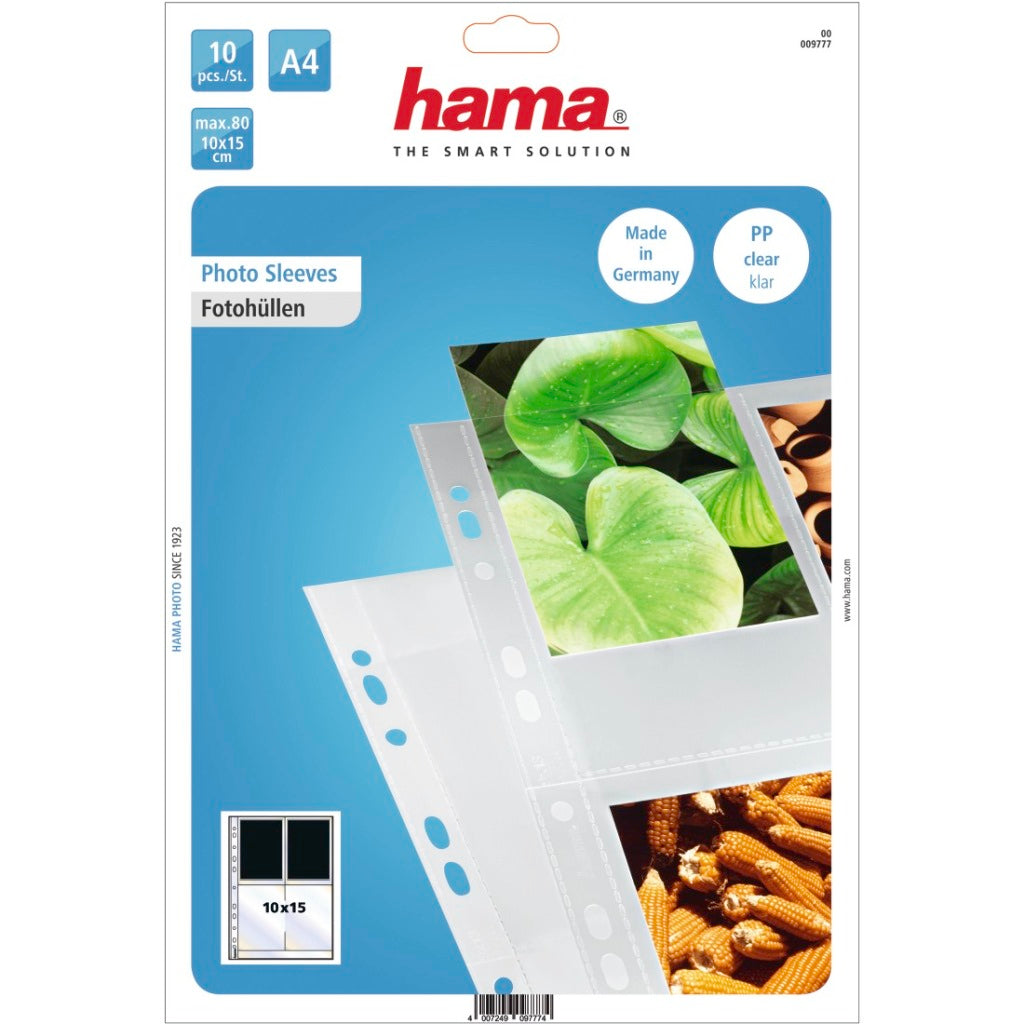 Produktverpackung für 10 Hama Fotohüllen, A4, 10x15 cm. Zeigt Pflanzen und Mais.