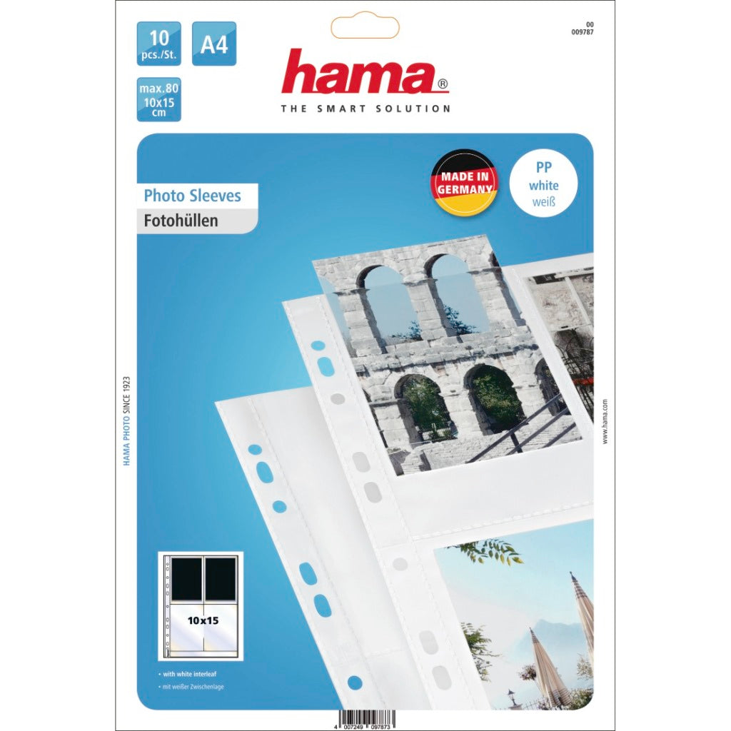 Verpackung mit 10 Hama Foto-Hüllen A4, weiß, für 10x15 cm Fotos.