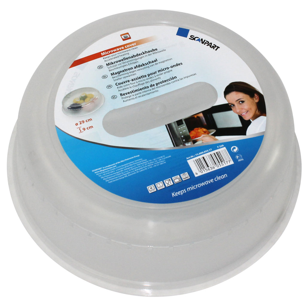 Transparente Mikrowellenabdeckhaube mit Aufdruck, Durchmesser 29 cm.